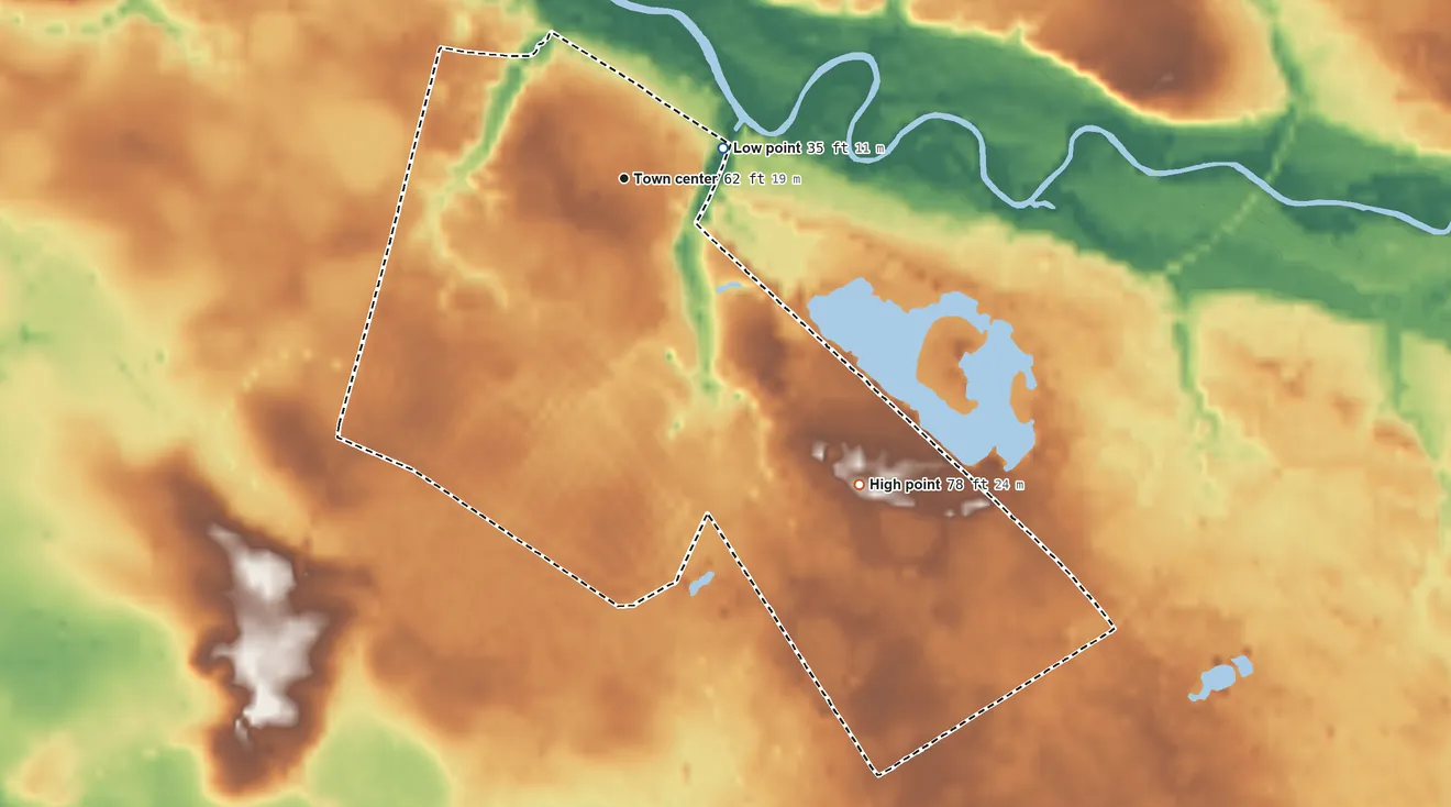 Topographic elevation map of Pemberton Heights, New Jersey, shaded from 35 ft near the middle to 78 ft on the southeast side