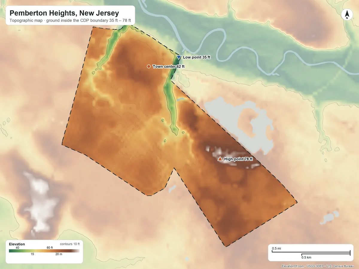 Topographic elevation map of Pemberton Heights, New Jersey, shaded from 35 ft near the middle to 78 ft on the southeast side