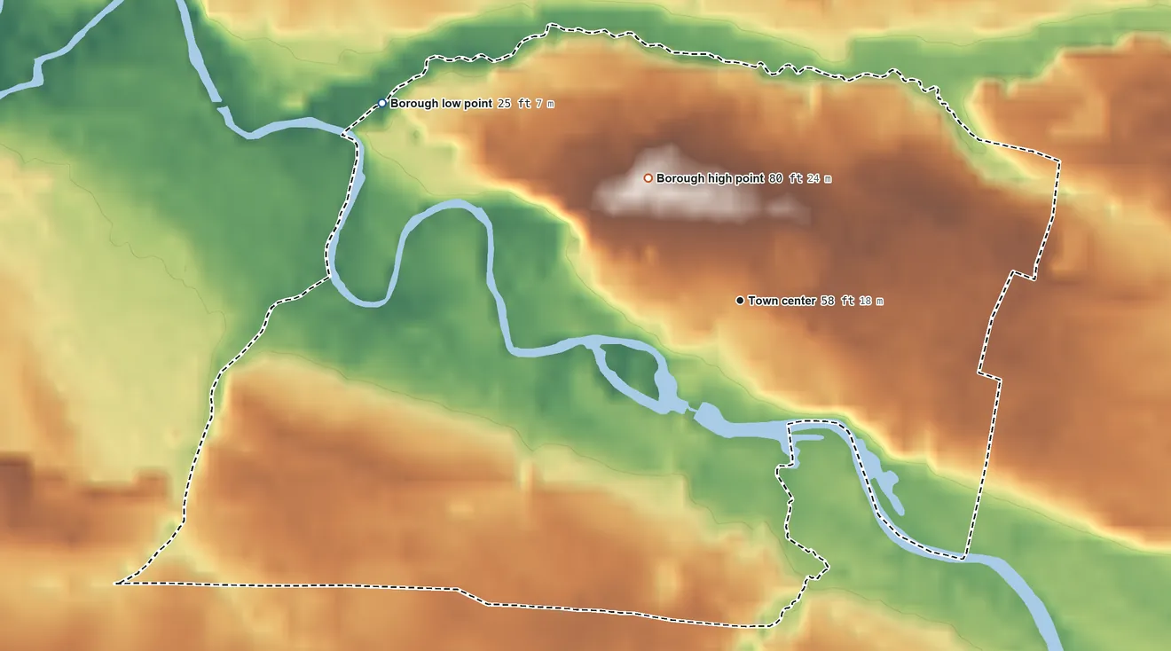 Topographic elevation map of Pemberton, New Jersey, shaded from 25 ft on the northwest side to 80 ft on the northwest side