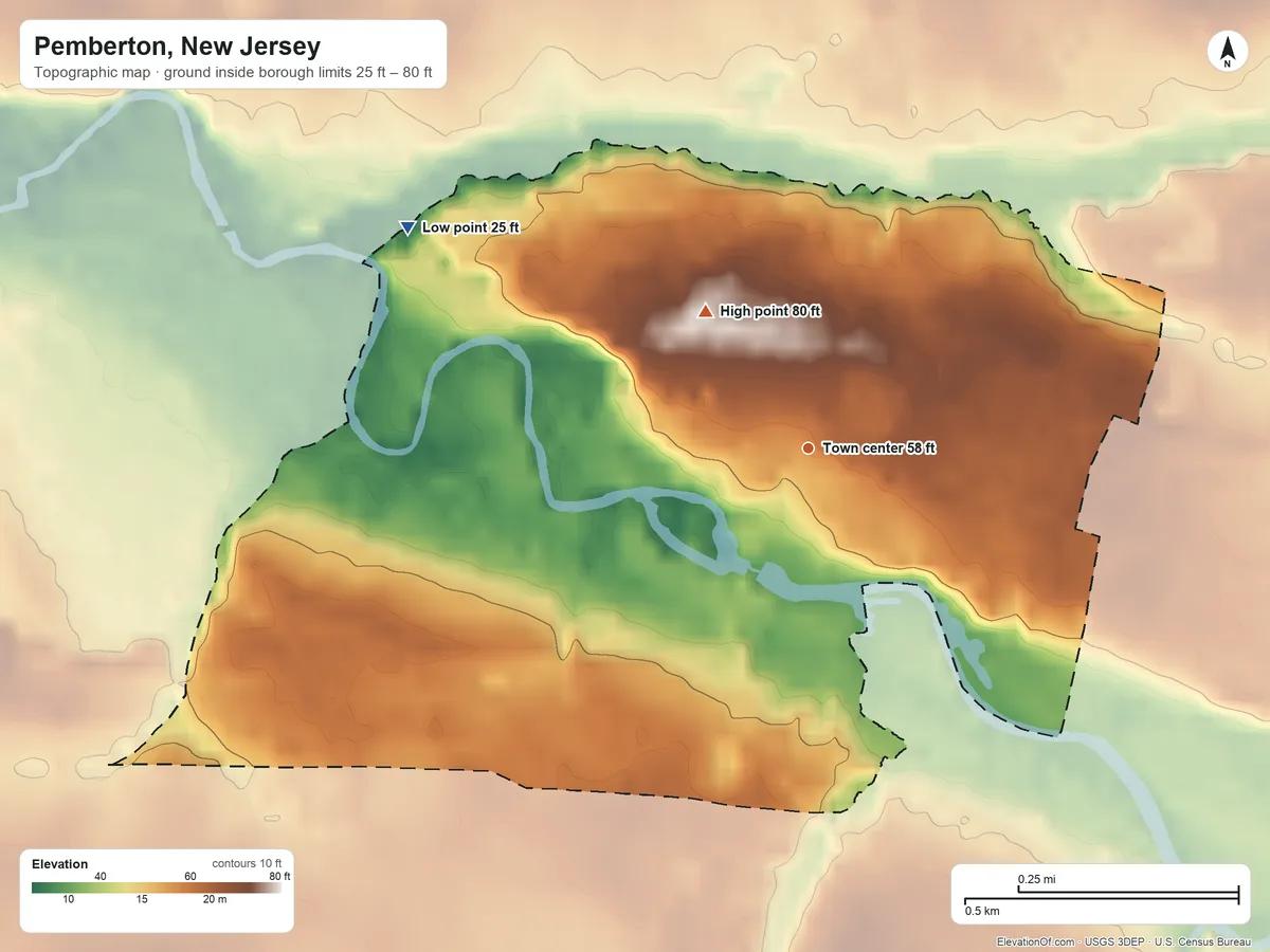 Topographic elevation map of Pemberton, New Jersey, shaded from 25 ft on the northwest side to 80 ft on the northwest side