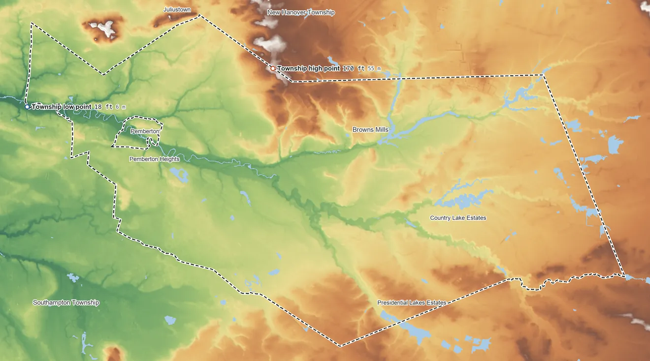 Topographic elevation map of Pemberton Township, New Jersey, shaded from 18 ft on the west side to 170 ft on the northwest side