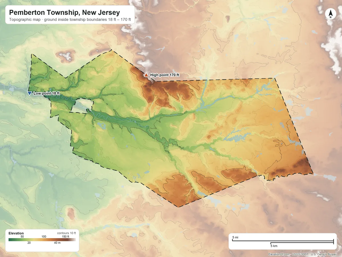 Topographic elevation map of Pemberton Township, New Jersey, shaded from 18 ft on the west side to 170 ft on the northwest side