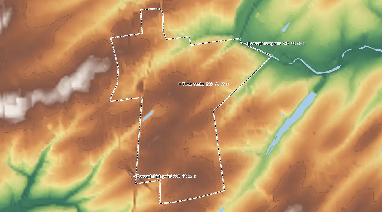 Topographic elevation map of Pennington, New Jersey, shaded from 140 ft on the northeast side to 230 ft on the southwest side