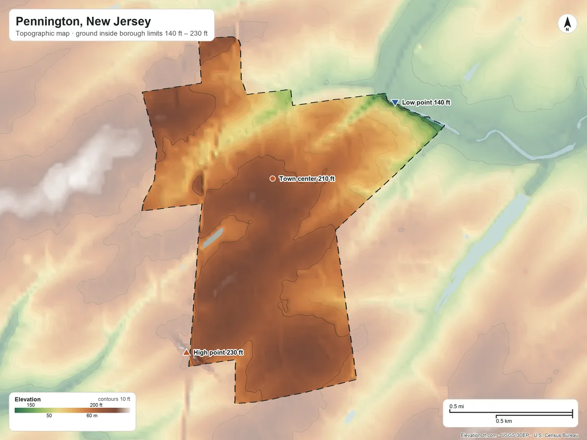 Topographic elevation map of Pennington, New Jersey, shaded from 140 ft on the northeast side to 230 ft on the southwest side