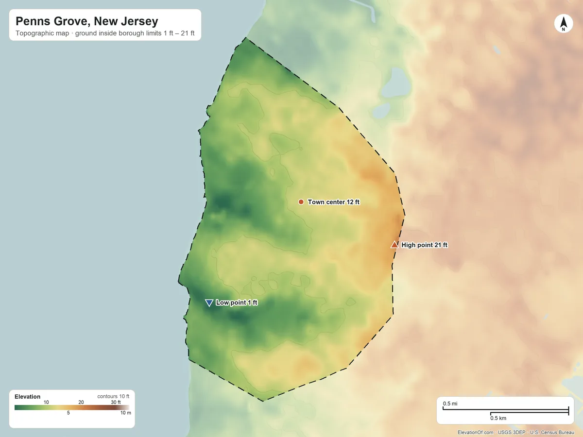 Topographic elevation map of Penns Grove, New Jersey, shaded from 1 ft on the southwest side to 21 ft on the southeast side