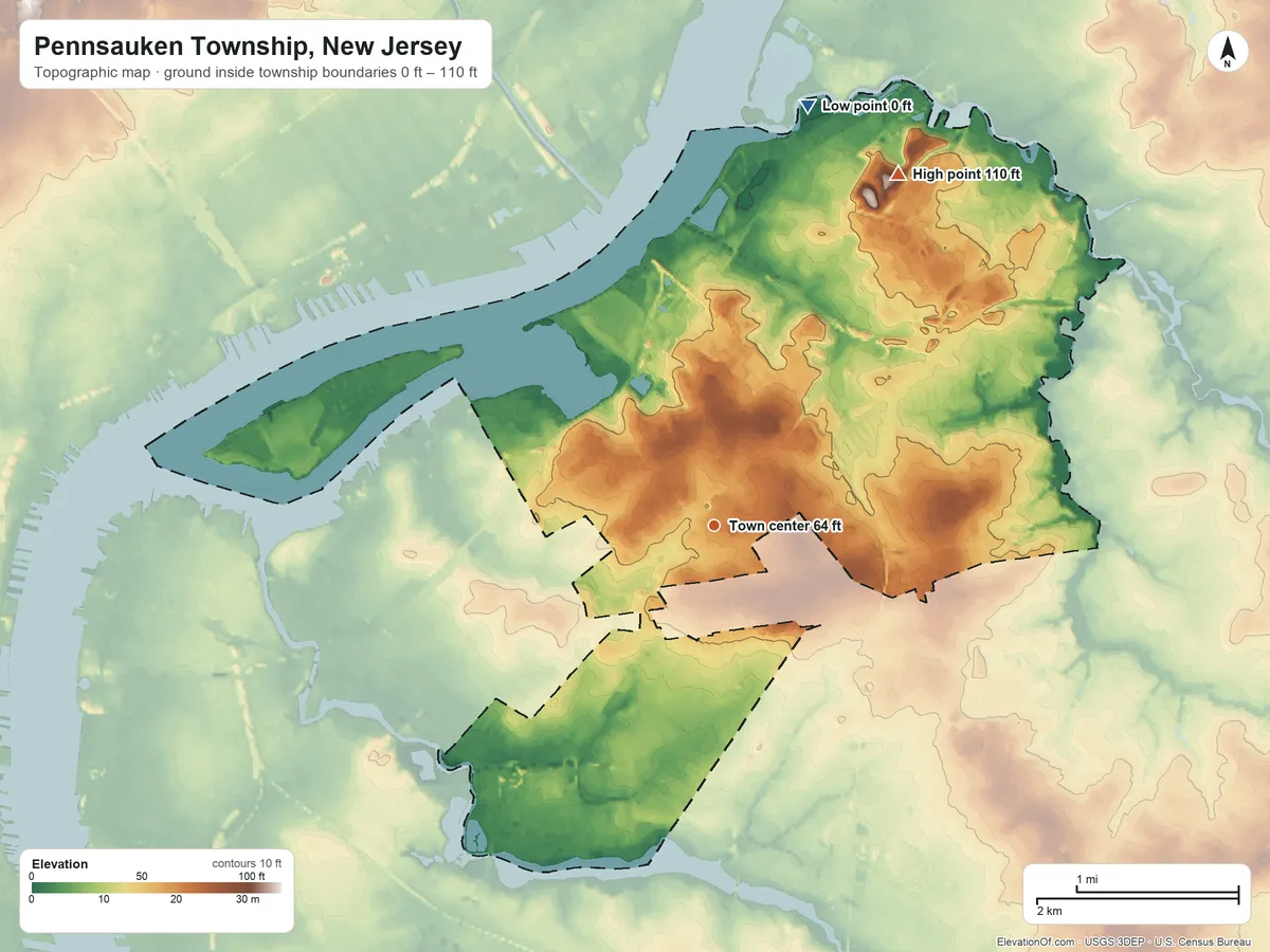 Topographic elevation map of Pennsauken Township, New Jersey, shaded from 0 ft on the north side to 110 ft on the northeast side