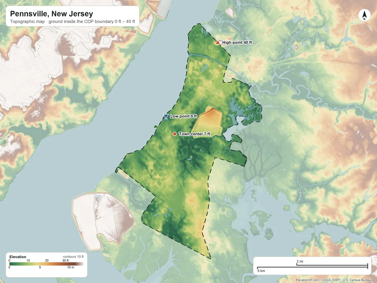 Topographic elevation map of Pennsville, New Jersey, shaded from 0 ft near the middle to 40 ft on the northeast side