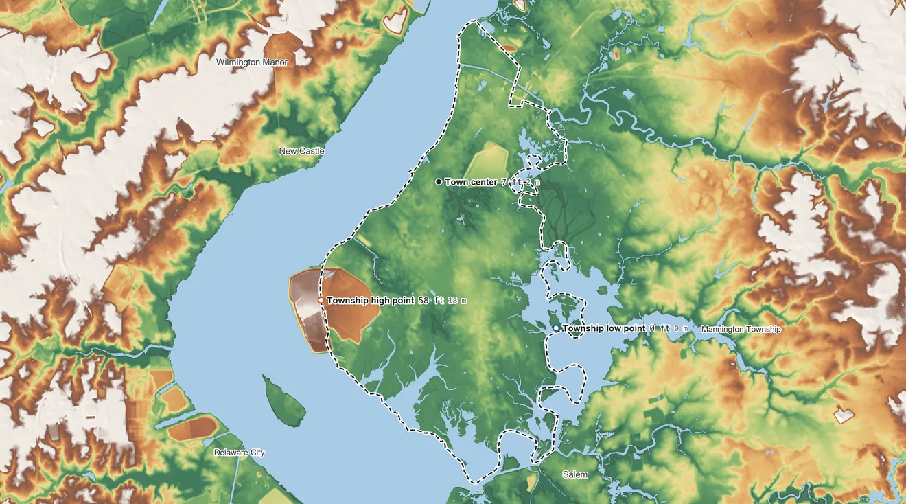 Topographic elevation map of Pennsville Township, New Jersey, shaded from 0 ft on the southeast side to 58 ft on the southwest side