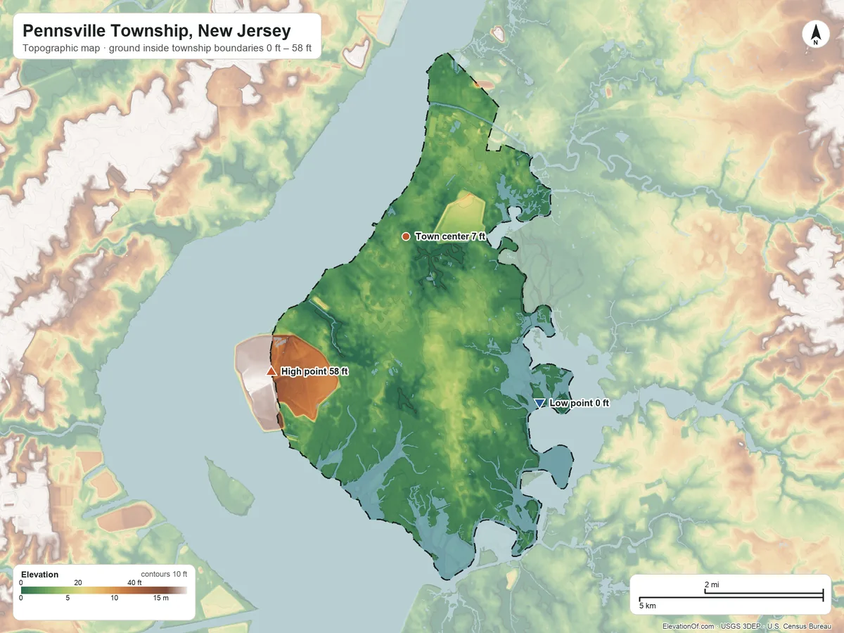 Topographic elevation map of Pennsville Township, New Jersey, shaded from 0 ft on the southeast side to 58 ft on the southwest side