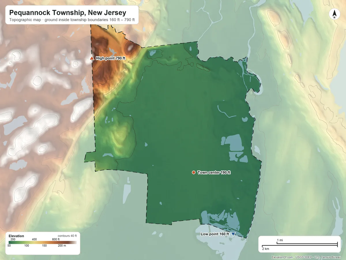 Topographic elevation map of Pequannock Township, New Jersey, shaded from 160 ft on the southeast side to 790 ft on the northwest side