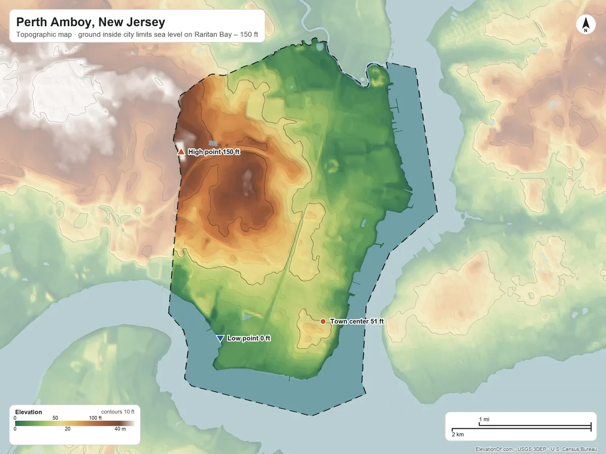 Topographic elevation map of Perth Amboy, New Jersey, shaded from sea level level on Raritan Bay to 150 ft on the northwest side