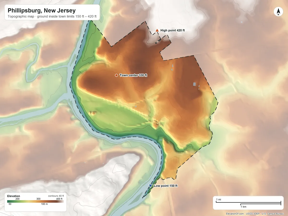 Topographic elevation map of Phillipsburg, New Jersey, shaded from 150 ft on the south side to 420 ft on the northeast side