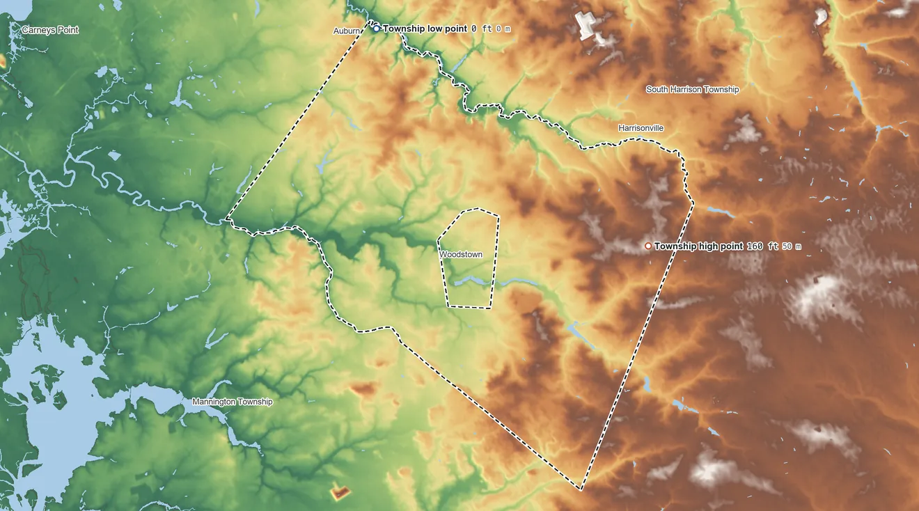 Topographic elevation map of Pilesgrove Township, New Jersey, shaded from 0 ft on the northwest side to 160 ft on the east side
