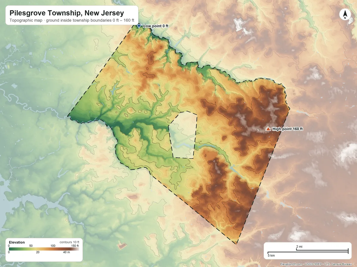 Topographic elevation map of Pilesgrove Township, New Jersey, shaded from 0 ft on the northwest side to 160 ft on the east side