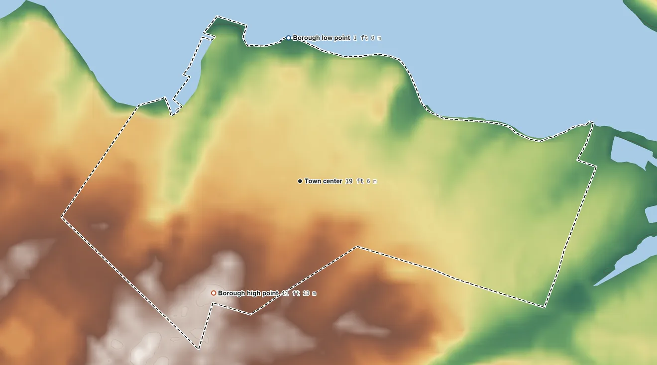 Topographic elevation map of Pine Beach, New Jersey, shaded from 1 ft on the north side to 41 ft on the southwest side