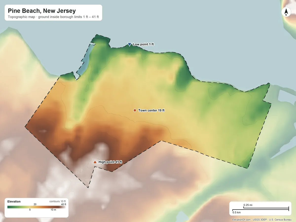 Topographic elevation map of Pine Beach, New Jersey, shaded from 1 ft on the north side to 41 ft on the southwest side