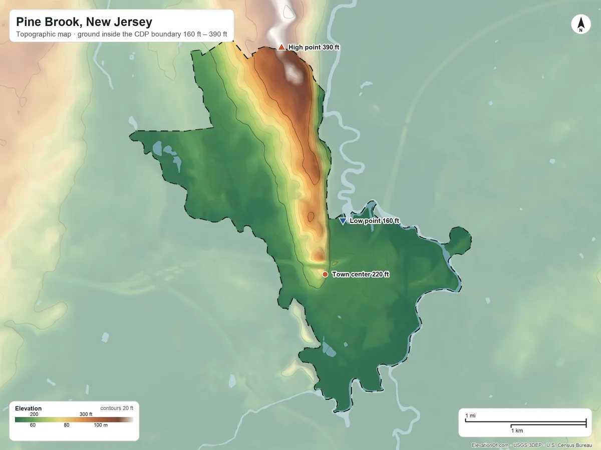 Topographic elevation map of Pine Brook, New Jersey, shaded from 160 ft on the north side to 390 ft on the north side