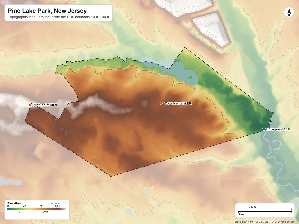 Topographic elevation map of Pine Lake Park, New Jersey, shaded from 19 ft on the east side to 90 ft on the west side