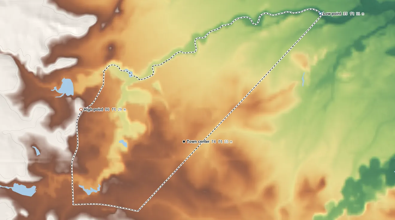 Topographic elevation map of Pine Ridge at Crestwood, New Jersey, shaded from 35 ft on the northeast side to 96 ft on the west side