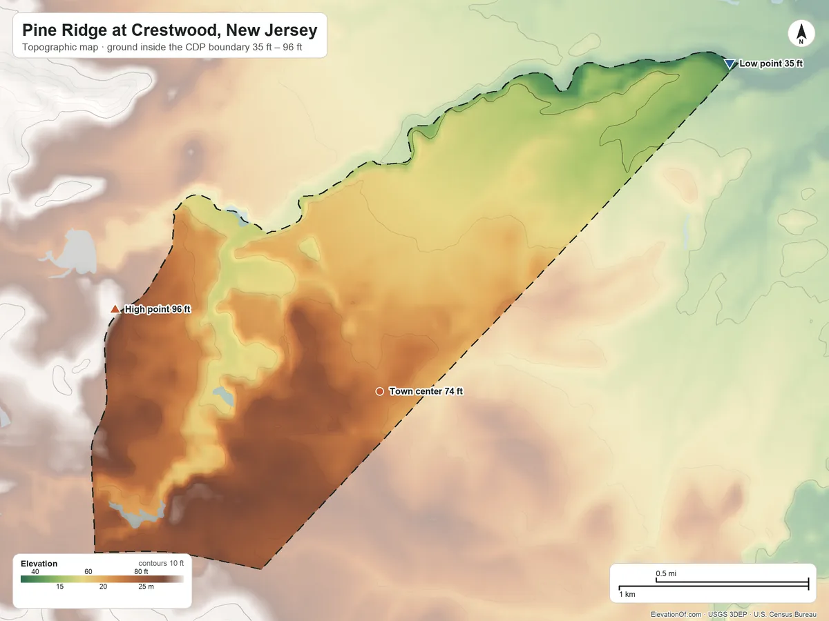 Topographic elevation map of Pine Ridge at Crestwood, New Jersey, shaded from 35 ft on the northeast side to 96 ft on the west side