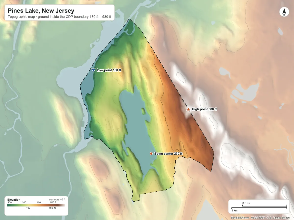 Topographic elevation map of Pines Lake, New Jersey, shaded from 180 ft on the northwest side to 580 ft on the northeast side
