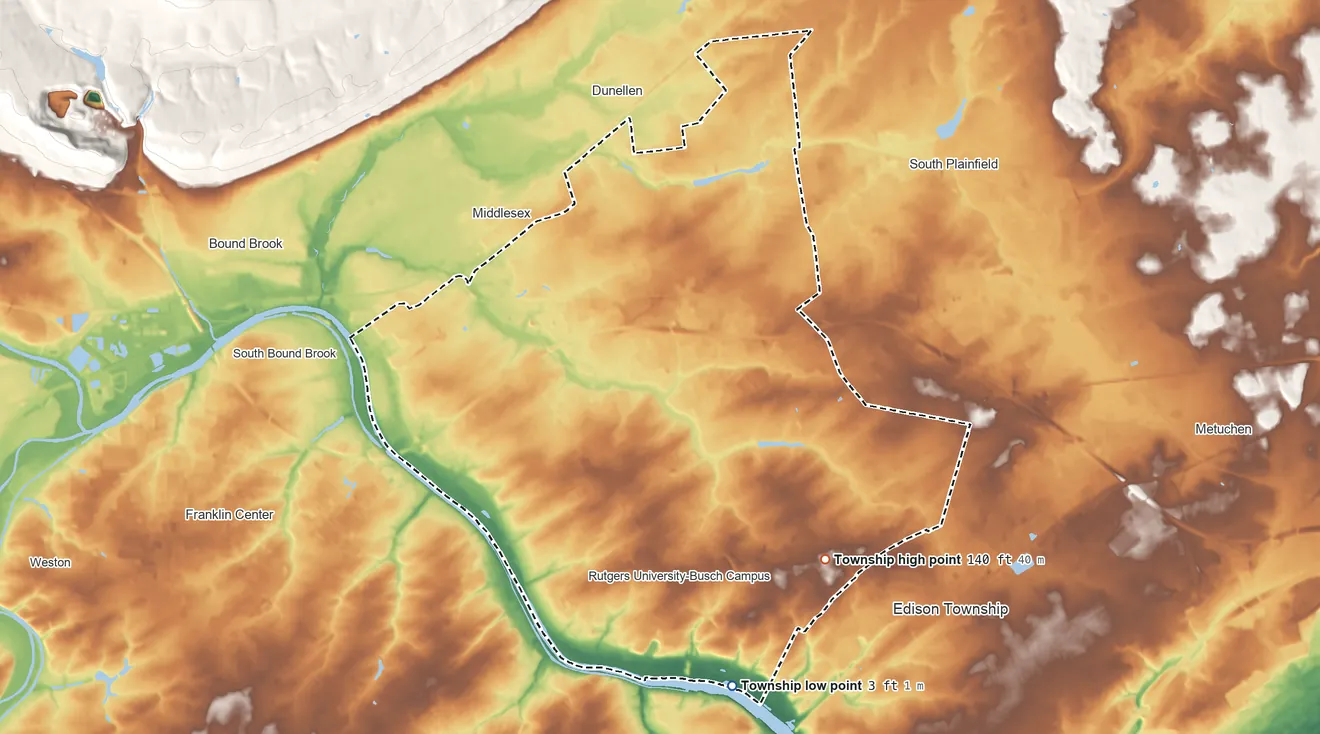 Topographic elevation map of Piscataway Township, New Jersey, shaded from 3 ft on the south side to 140 ft on the southeast side