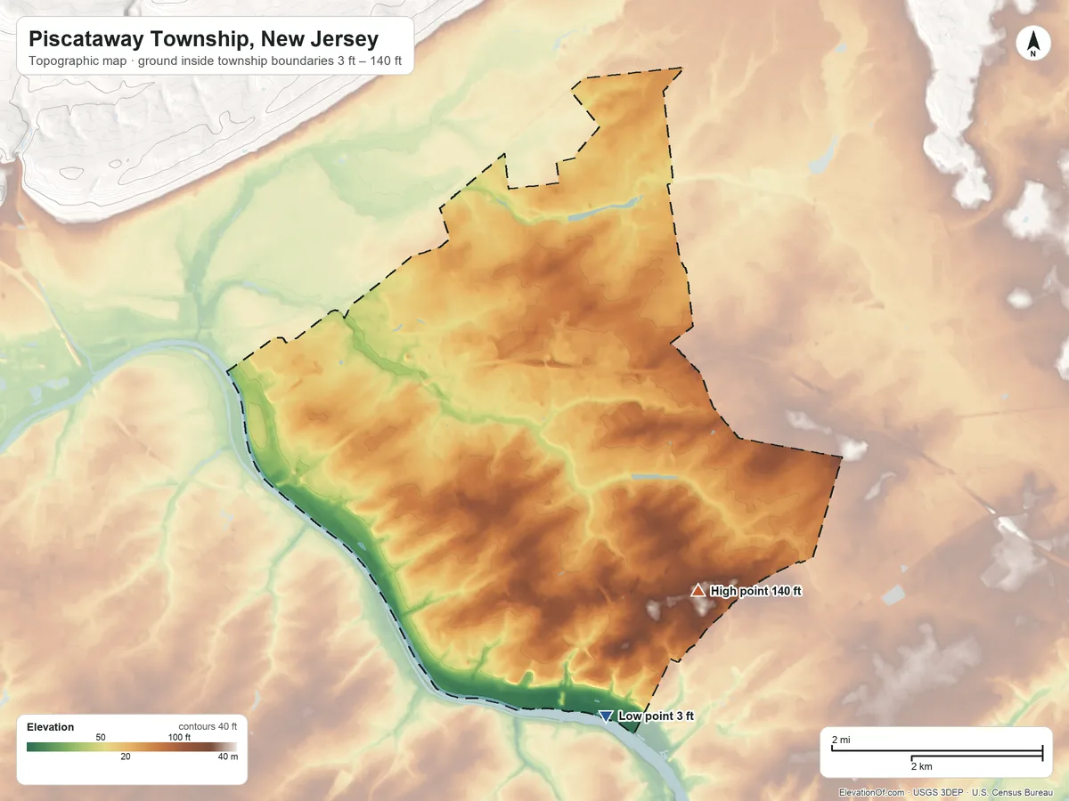Topographic elevation map of Piscataway Township, New Jersey, shaded from 3 ft on the south side to 140 ft on the southeast side