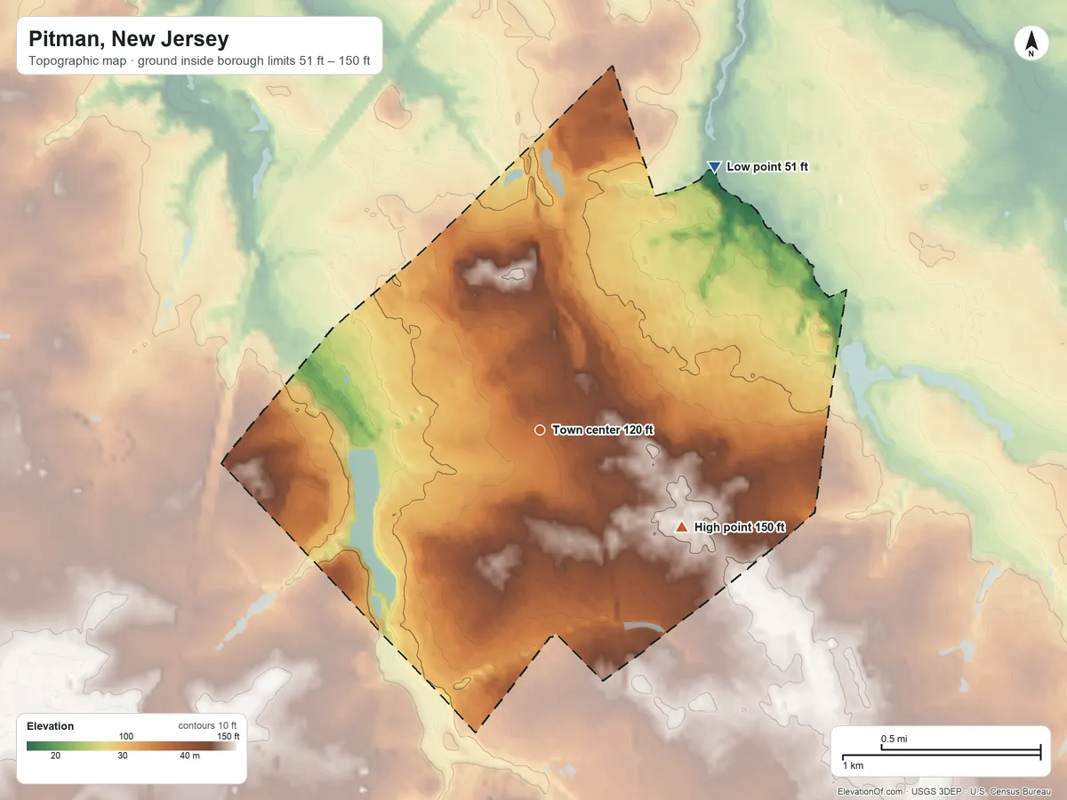Topographic elevation map of Pitman, New Jersey, shaded from 51 ft on the northeast side to 150 ft on the southeast side