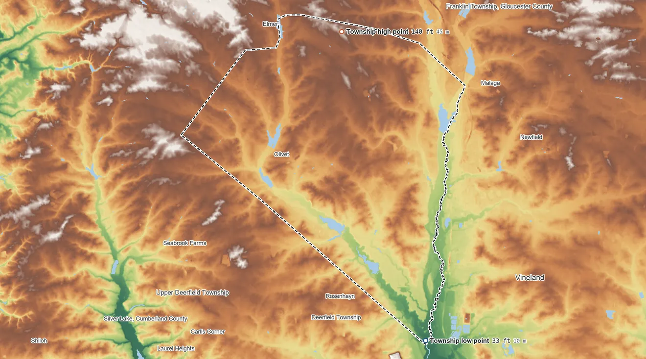 Topographic elevation map of Pittsgrove Township, New Jersey, shaded from 33 ft on the south side to 140 ft on the north side