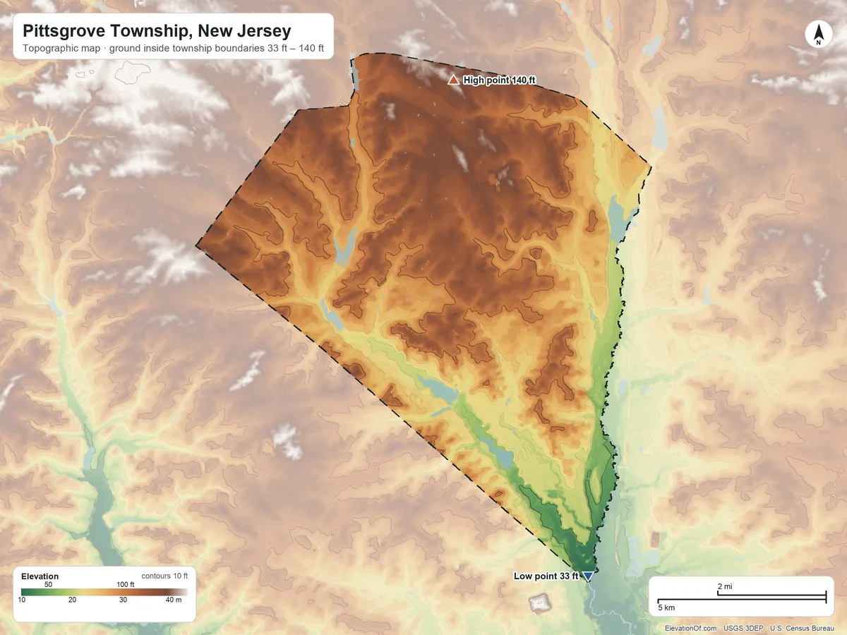 Topographic elevation map of Pittsgrove Township, New Jersey, shaded from 33 ft on the south side to 140 ft on the north side