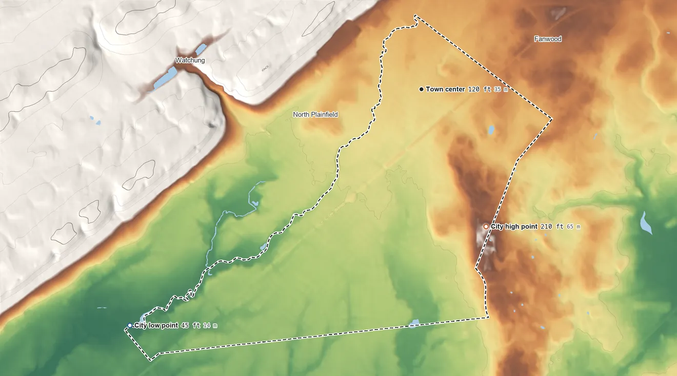 Topographic elevation map of Plainfield, New Jersey, shaded from 45 ft on the southwest side to 210 ft on the southeast side