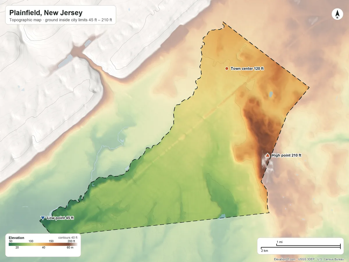 Topographic elevation map of Plainfield, New Jersey, shaded from 45 ft on the southwest side to 210 ft on the southeast side