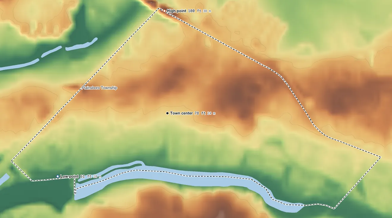 Topographic elevation map of Plainsboro Center, New Jersey, shaded from 61 ft on the southwest side to 100 ft on the north side
