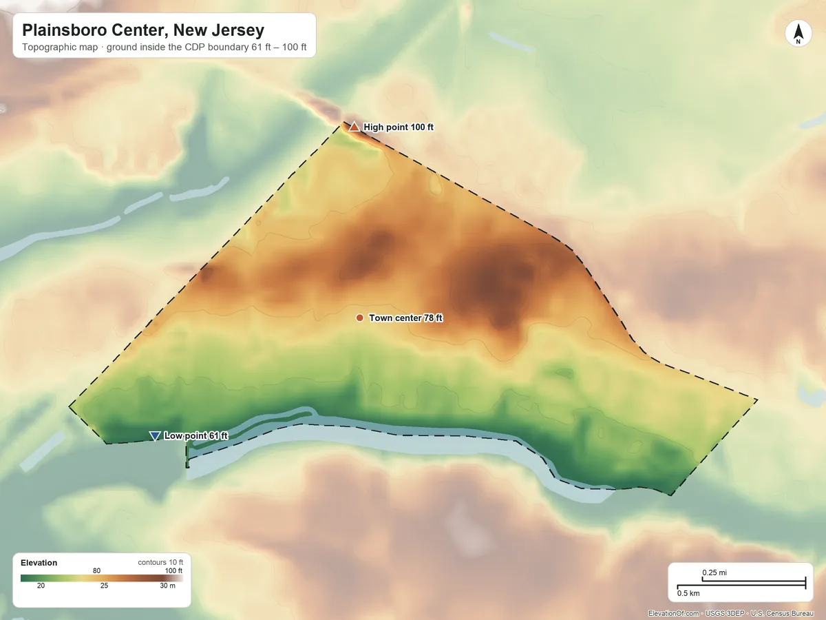 Topographic elevation map of Plainsboro Center, New Jersey, shaded from 61 ft on the southwest side to 100 ft on the north side