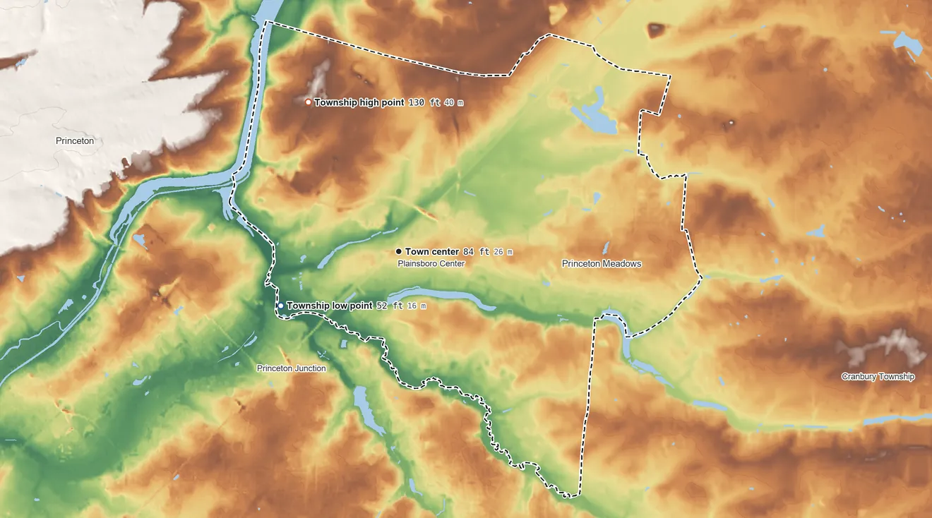 Topographic elevation map of Plainsboro Township, New Jersey, shaded from 52 ft on the southwest side to 130 ft on the northwest side