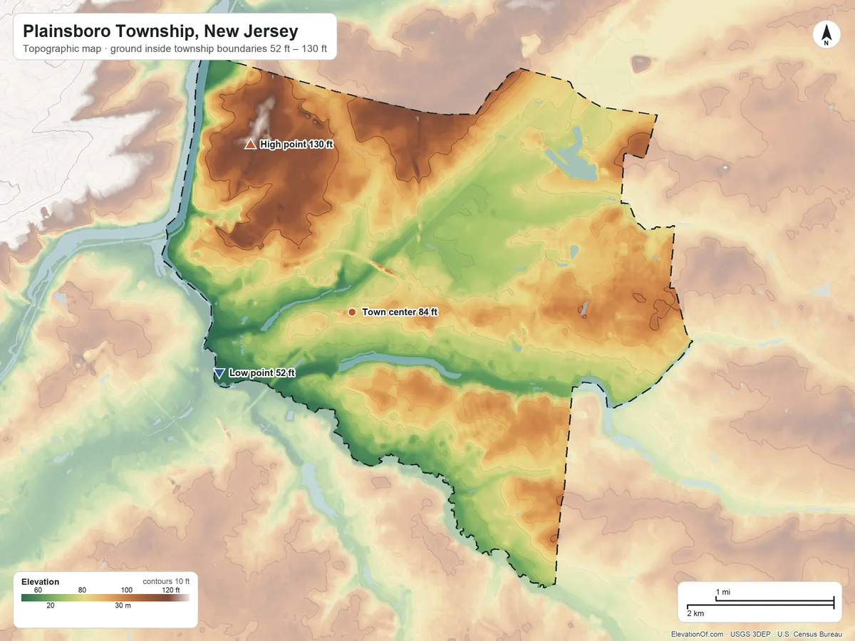 Topographic elevation map of Plainsboro Township, New Jersey, shaded from 52 ft on the southwest side to 130 ft on the northwest side