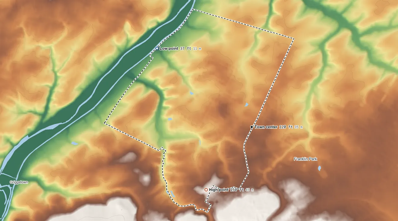 Topographic elevation map of Pleasant Plains, New Jersey, shaded from 37 ft on the northwest side to 150 ft on the southwest side