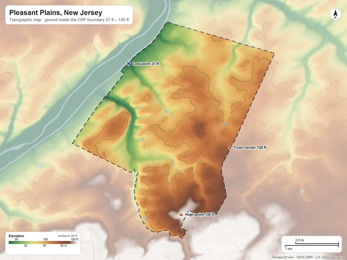 Topographic elevation map of Pleasant Plains, New Jersey, shaded from 37 ft on the northwest side to 150 ft on the southwest side