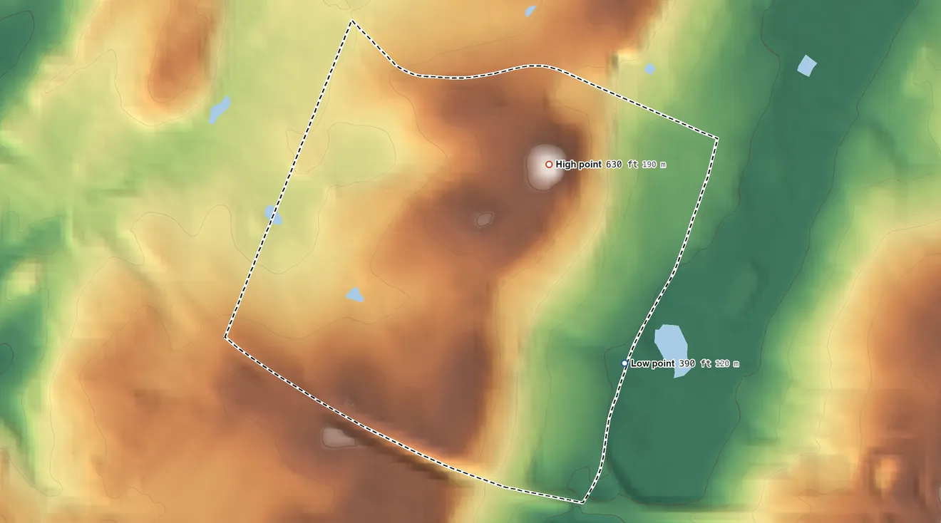 Topographic elevation map of Pleasantdale, New Jersey, shaded from 390 ft on the southeast side to 630 ft on the north side
