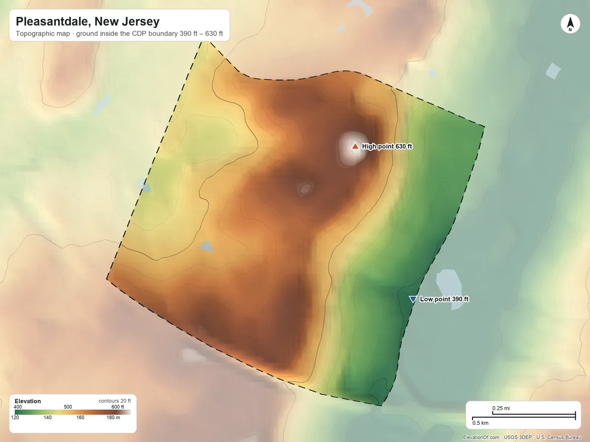 Topographic elevation map of Pleasantdale, New Jersey, shaded from 390 ft on the southeast side to 630 ft on the north side