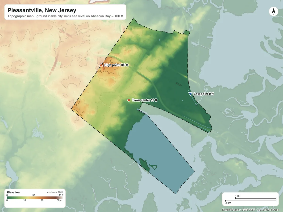 Topographic elevation map of Pleasantville, New Jersey, shaded from sea level level on Absecon Bay to 100 ft on the northwest side