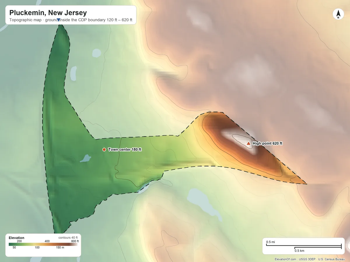 Topographic elevation map of Pluckemin, New Jersey, shaded from 120 ft on the north side to 620 ft on the east side