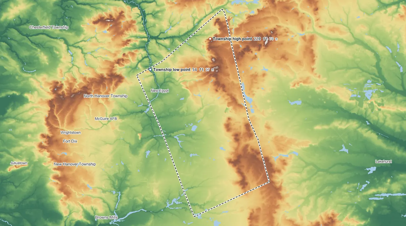 Topographic elevation map of Plumsted Township, New Jersey, shaded from 54 ft on the west side to 220 ft on the northeast side