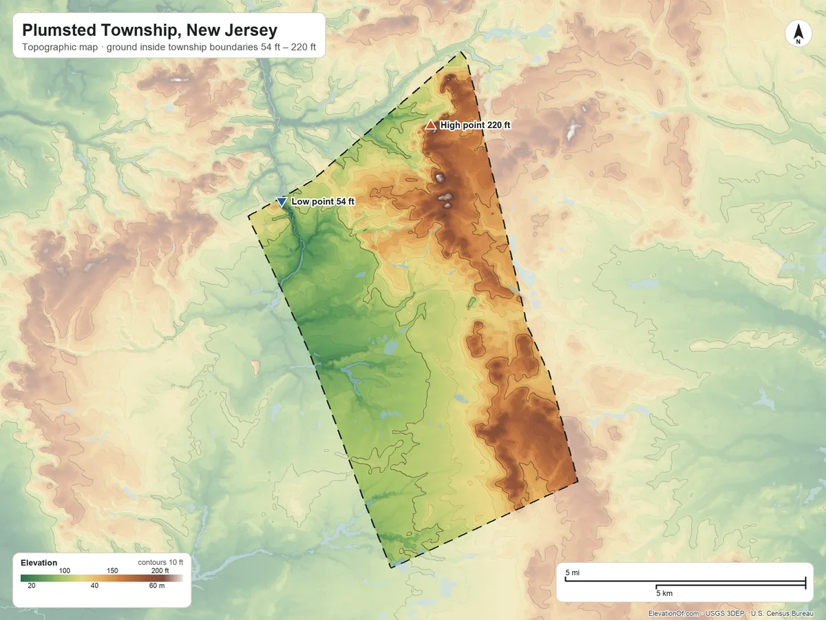 Topographic elevation map of Plumsted Township, New Jersey, shaded from 54 ft on the west side to 220 ft on the northeast side