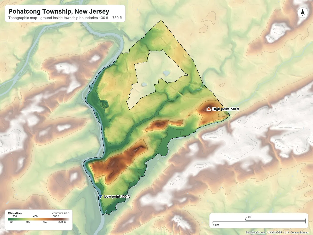 Topographic elevation map of Pohatcong Township, New Jersey, shaded from 130 ft on the south side to 730 ft on Silver Hill