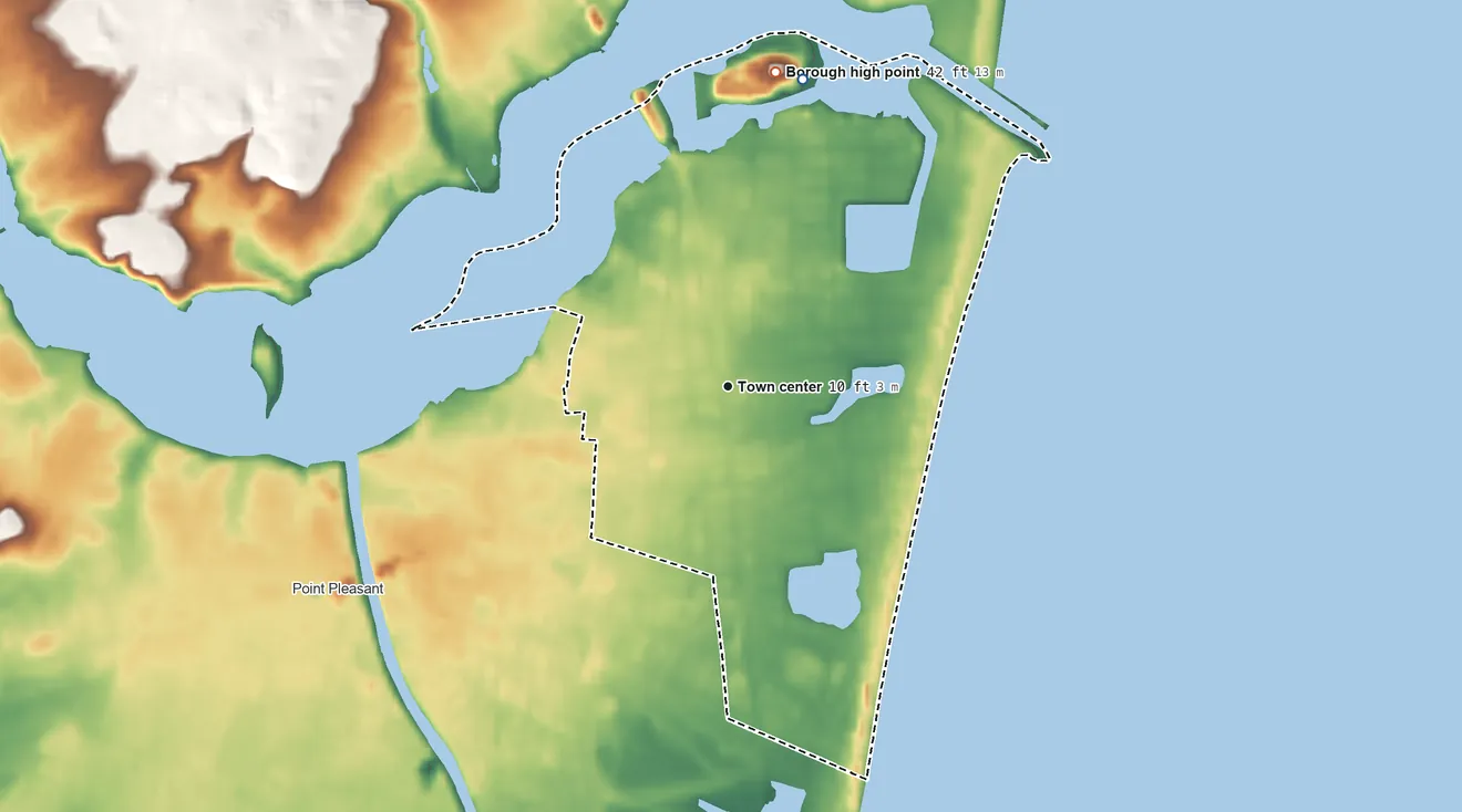 Topographic elevation map of Point Pleasant Beach, New Jersey, shaded from sea level level on the Manasquan River to 42 ft on the north side