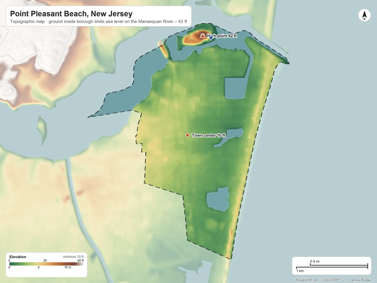 Topographic elevation map of Point Pleasant Beach, New Jersey, shaded from sea level level on the Manasquan River to 42 ft on the north side