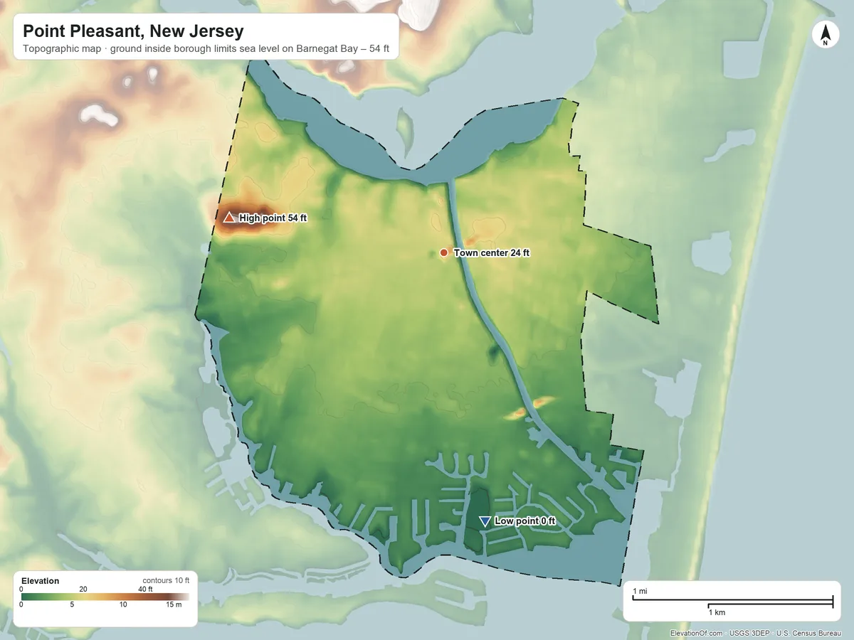 Topographic elevation map of Point Pleasant, New Jersey, shaded from sea level level on Barnegat Bay to 54 ft on the west side