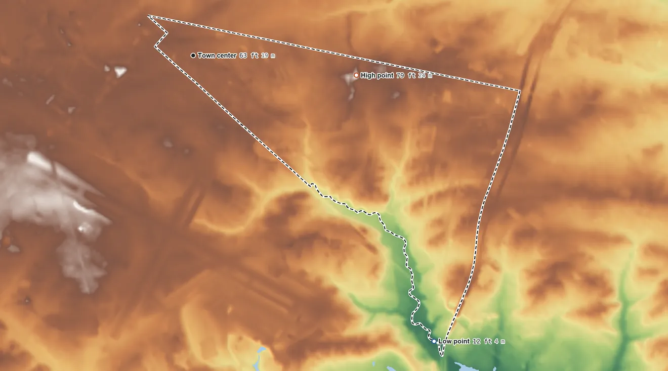Topographic elevation map of Pomona, New Jersey, shaded from 12 ft on the southeast side to 79 ft on the east side