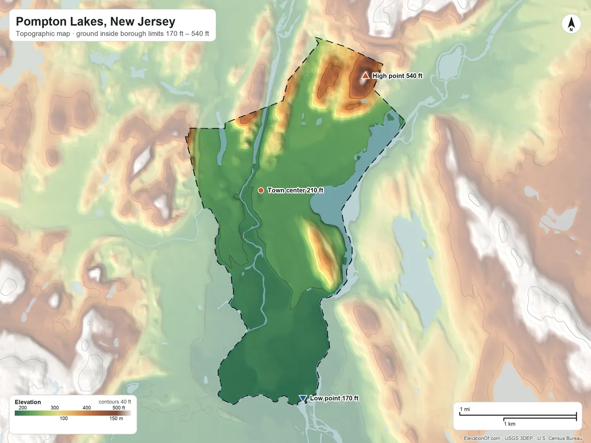 Topographic elevation map of Pompton Lakes, New Jersey, shaded from 170 ft on the south side to 540 ft on the northeast side
